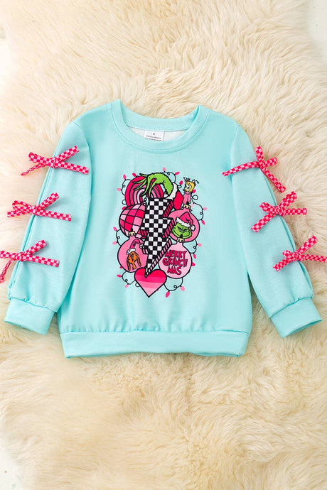 Merry Grinchmas Kids aqua long sleeve sweatshirt.