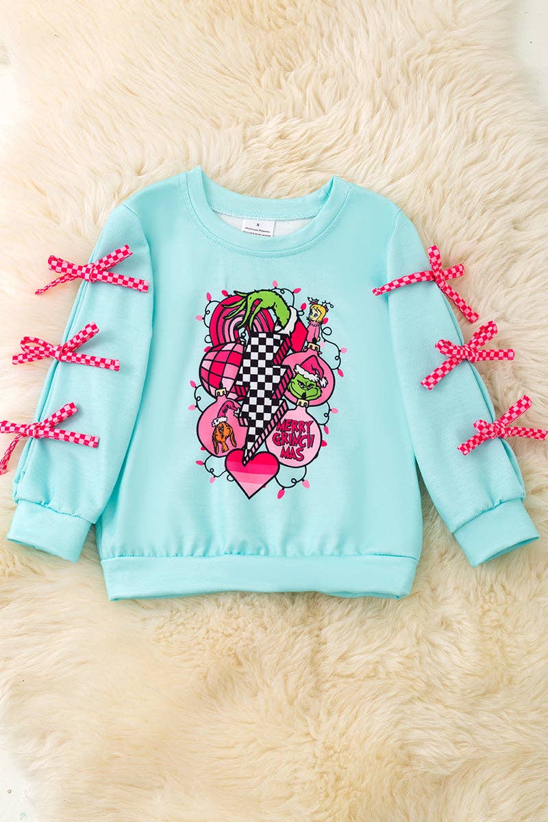 Merry Grinchmas Kids aqua long sleeve sweatshirt.