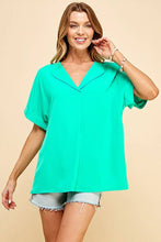 Mint Solid Collared Short Sleeve Loose Boxy Top