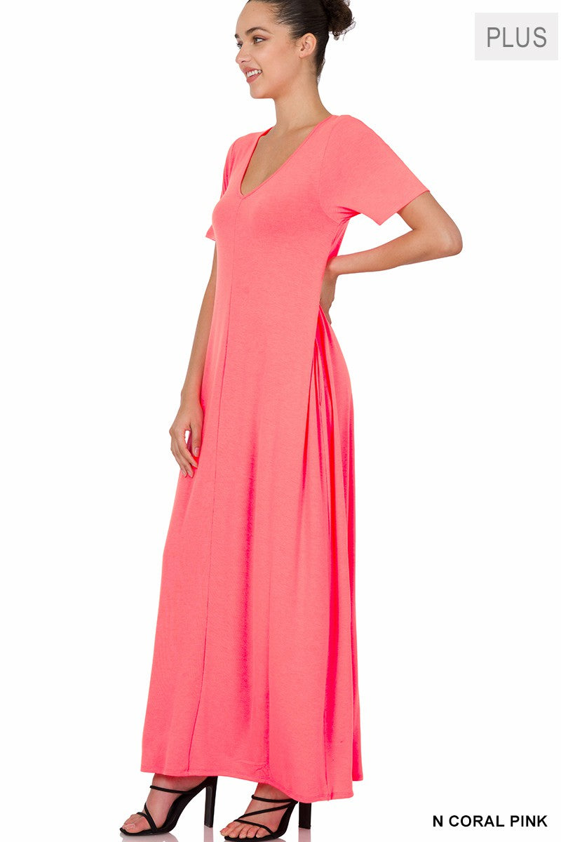 Neon Coral Pink Plus V Neck Short Sleeve Zenana Maxi Dress 1/19/24 7904