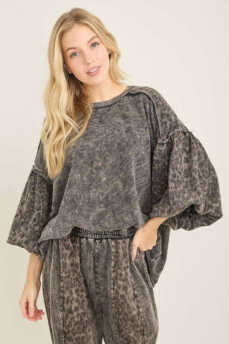 Ashed Black Mineral Washed Cheetah Puff Sleeve Fall J.Her Blouse