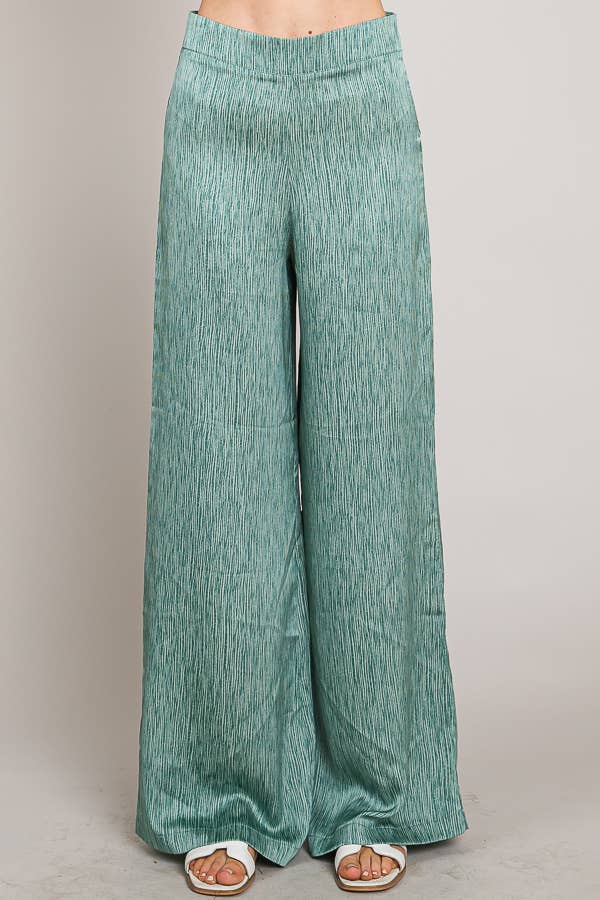 Green Wide leg waist band side zipper satin pants