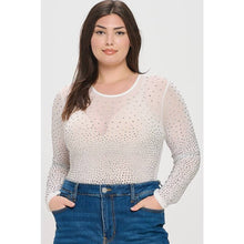 White Plus Size Rhinestone Studded Mesh Bodysuit