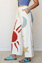 White Patchwork Drawstring Wide Leg Casual Pants