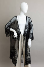 Embroidered Butterfly Lace Front-Tie Kimono: Black