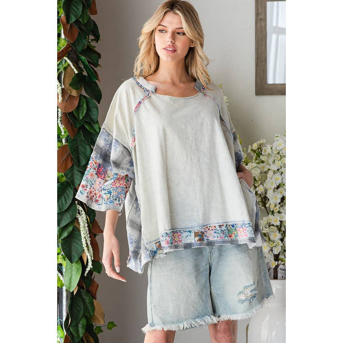 Blue Washed Multi Print Patchwork Oversized Oli+Hali Top