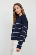 Navy Stripe Raw Crew Neck Long Sleeve Sweater