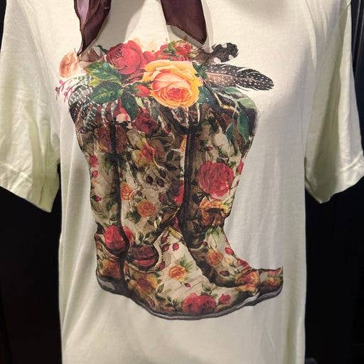 Bling Floral Boots on Natural Crew Tee
