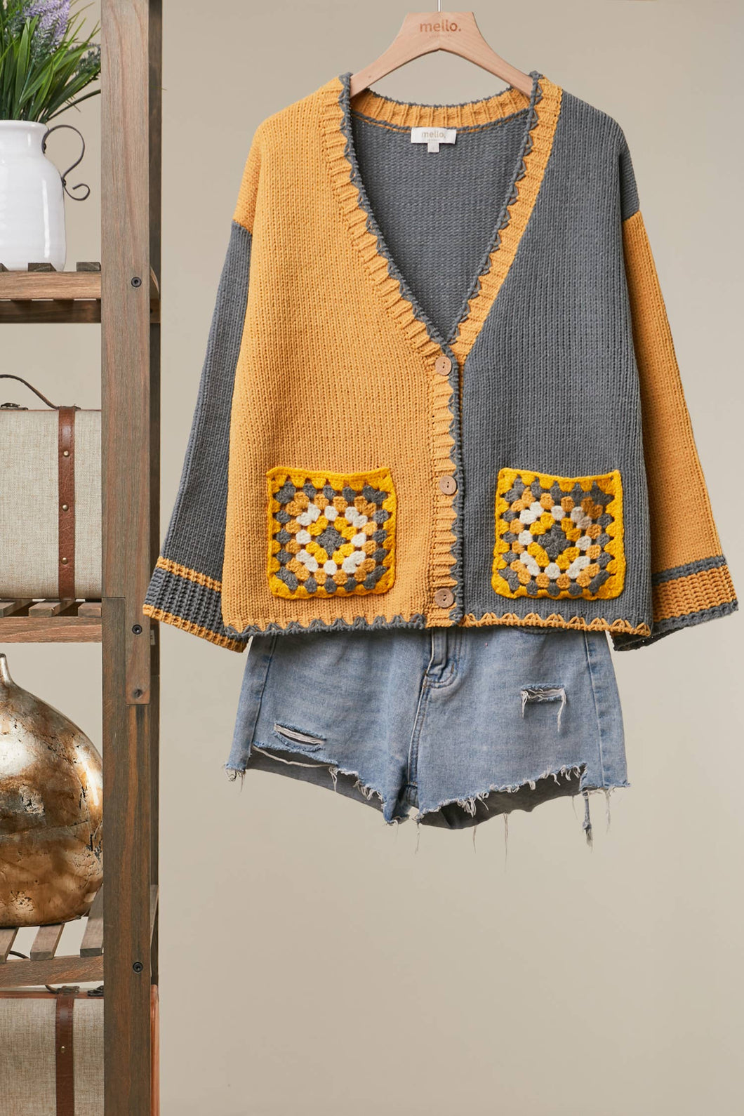 Mustard Embroidered Front Pocket Cardigan