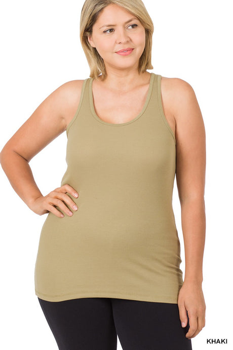 Khaki Olive Stretchy Ribbed Knit Racerback Zenana Tank 6/28/23 3157