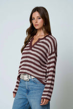 STRIPE RAW EDGE SPLIT NECK SHEER KNIT SWEATER : NAVY