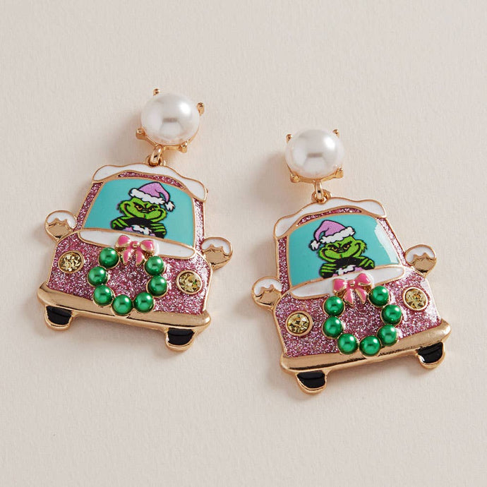 Pink Green Monster Holiday Car Dangle Earrings