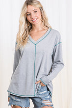 Grey Teal Stripe V Neck Contrast Stitch Long Sleeve Ces Femme Top 7/7/23 6587