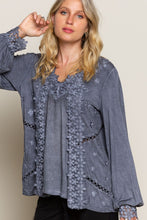 Modern Charcoal Long Sleeve Floral Lace Crochet V Neck POL Top 8/4/23 6786
