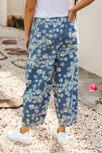 Sky blue Dainty Floral Print Seam Detail Drawstring Barrel Jeans