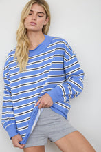 Blue Contrast Wide Neck Long Sleeve Stripe Knit Top