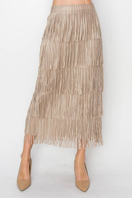 Taupe Layered Fringe Tiered Skirt
