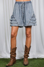 Washed Denim Ruffle Accent 100%Tencel Chambray Denim Shorts