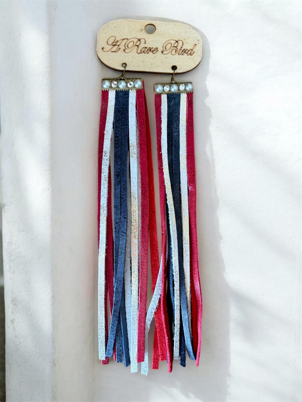 Red, White, and Blue Leather Tassel Rare Bird Earrings