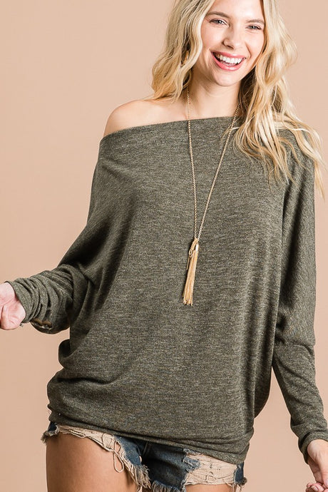 Olive Solid Boat Neck Button Trimmed Dolman Sleeve Top 11/17/24 9013