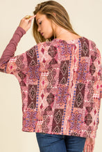 Pink Boho Pattern Contrast Long Sleeve Sweater 1/31/24 7959
