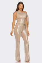 Nude Asymmetrical Shoulder Shirring Tie Top & Pants Set