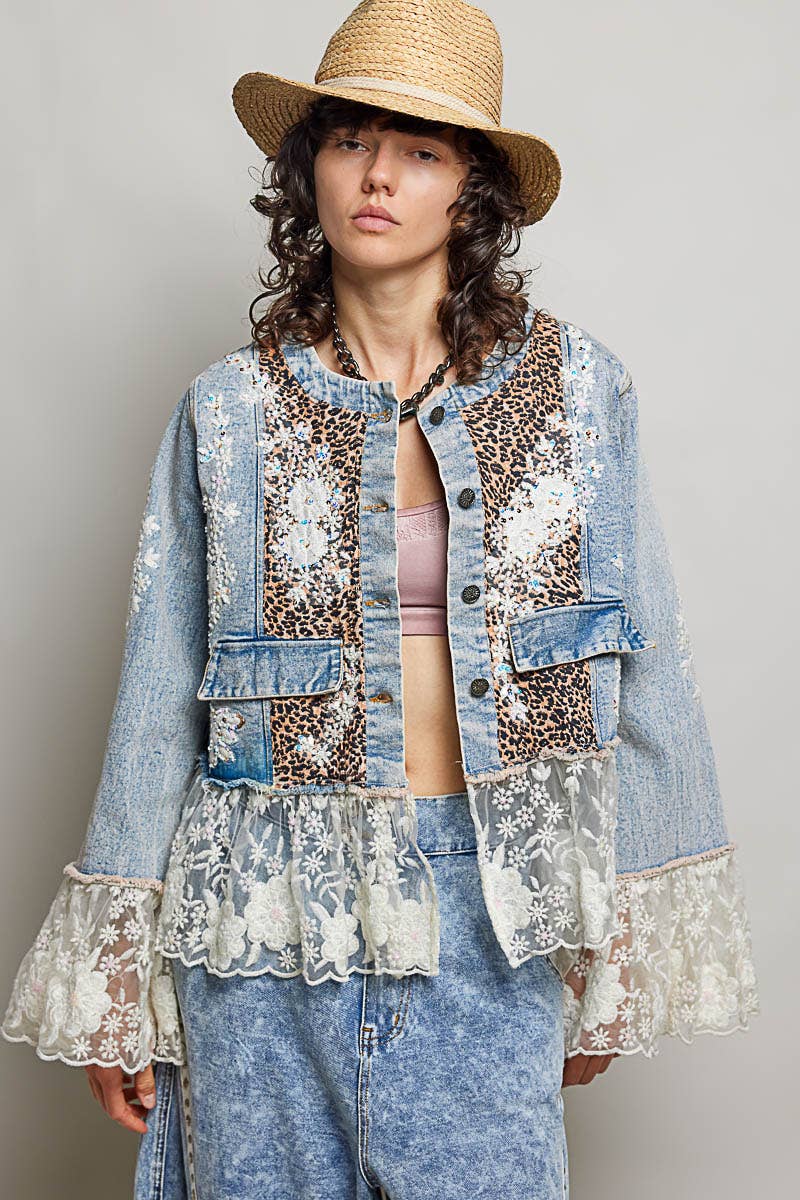 Boho Lace Trim Patchwork Denim Jacket: DENIM / L