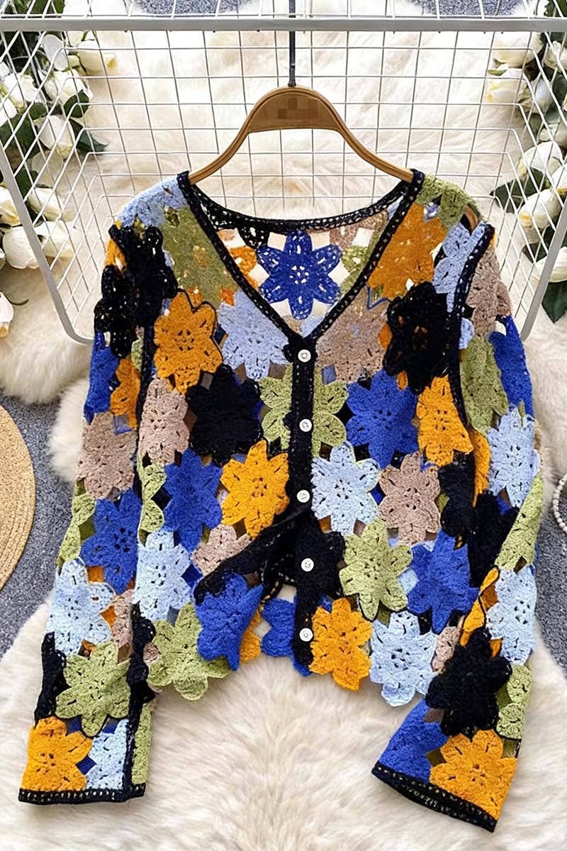 Black Floral Crochet Buttoned Cardigan