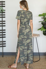 Army Charcoal Camo Short Sleeve Tie Waist Maxi Slit Dress 2/6/24 7987