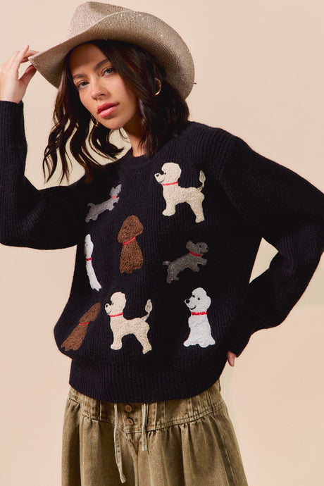 Black Loose Fit Cut Doggy Mom Sweater 10/15/25 1192