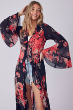 Black Coral Floral Ruffle Kimono