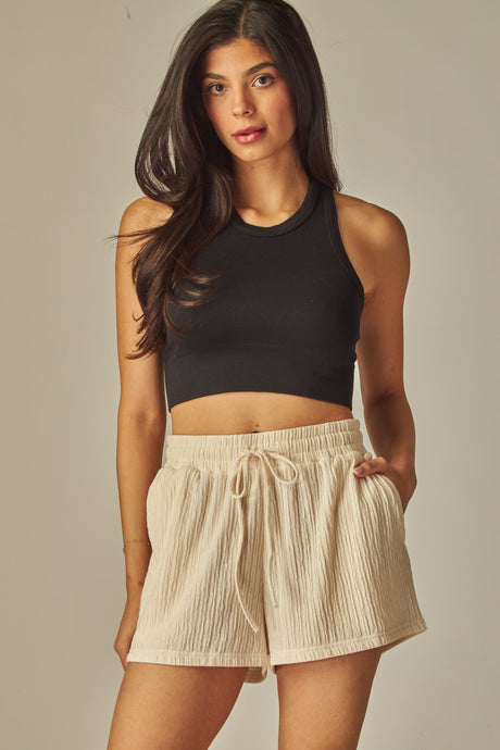 Off White Crinkled Drawstring Shorts 5/22/25 9907