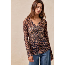 Leopard Button Up V Neck Mesh Top