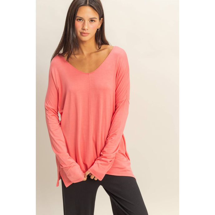 Tea Rose Long-Sleeve V-Neck Drapey Top