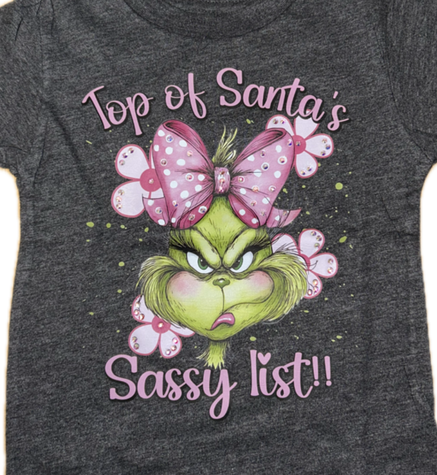 Kids Top of Santa's Sassy List Rhinestone Graphic Tee