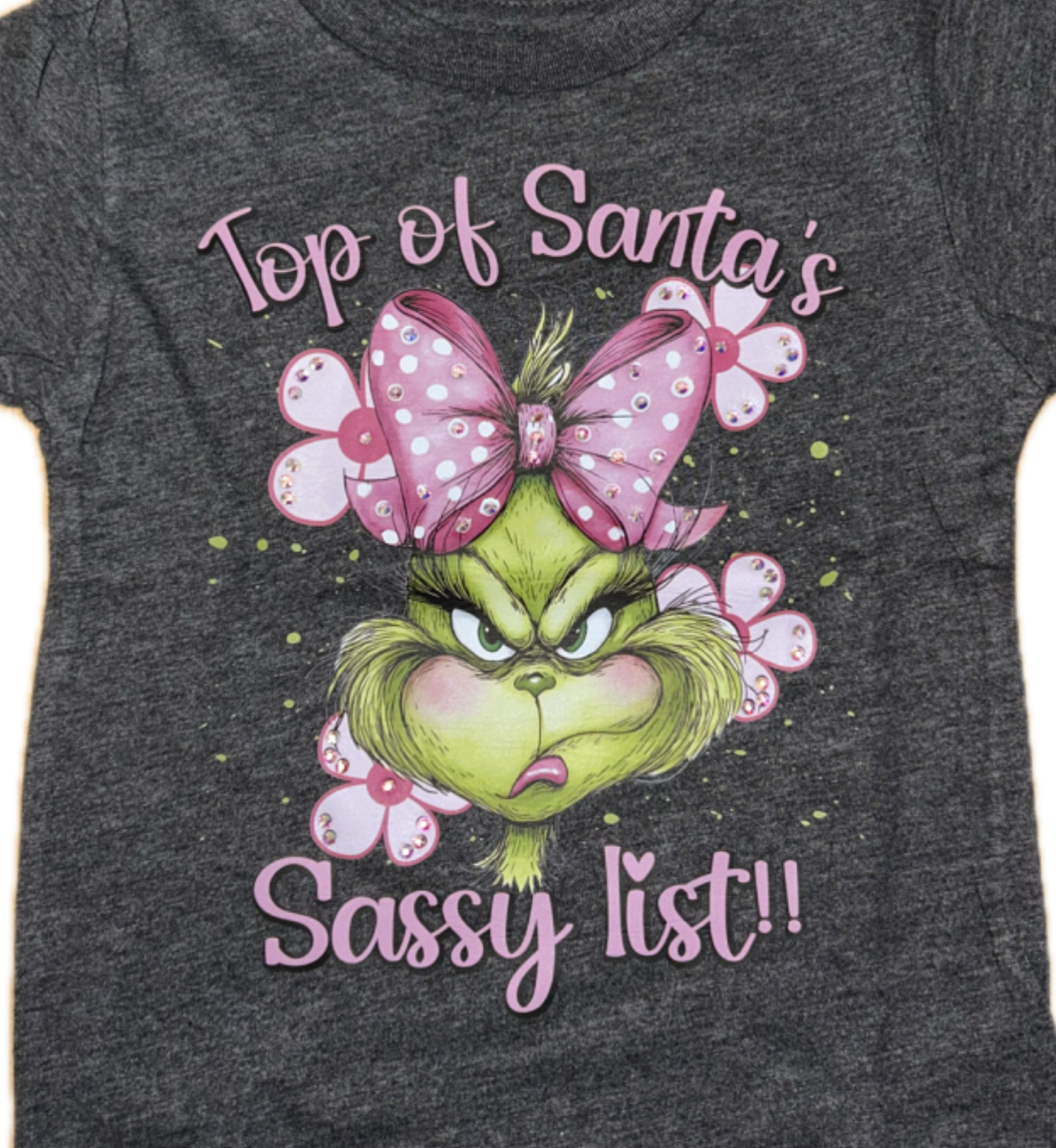 Kids Top of Santa's Sassy List Rhinestone Graphic Tee