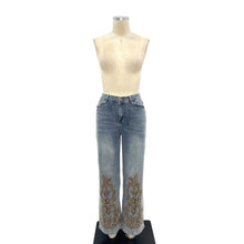 Blue Embroidered Rhinestone Detail Denim Pants