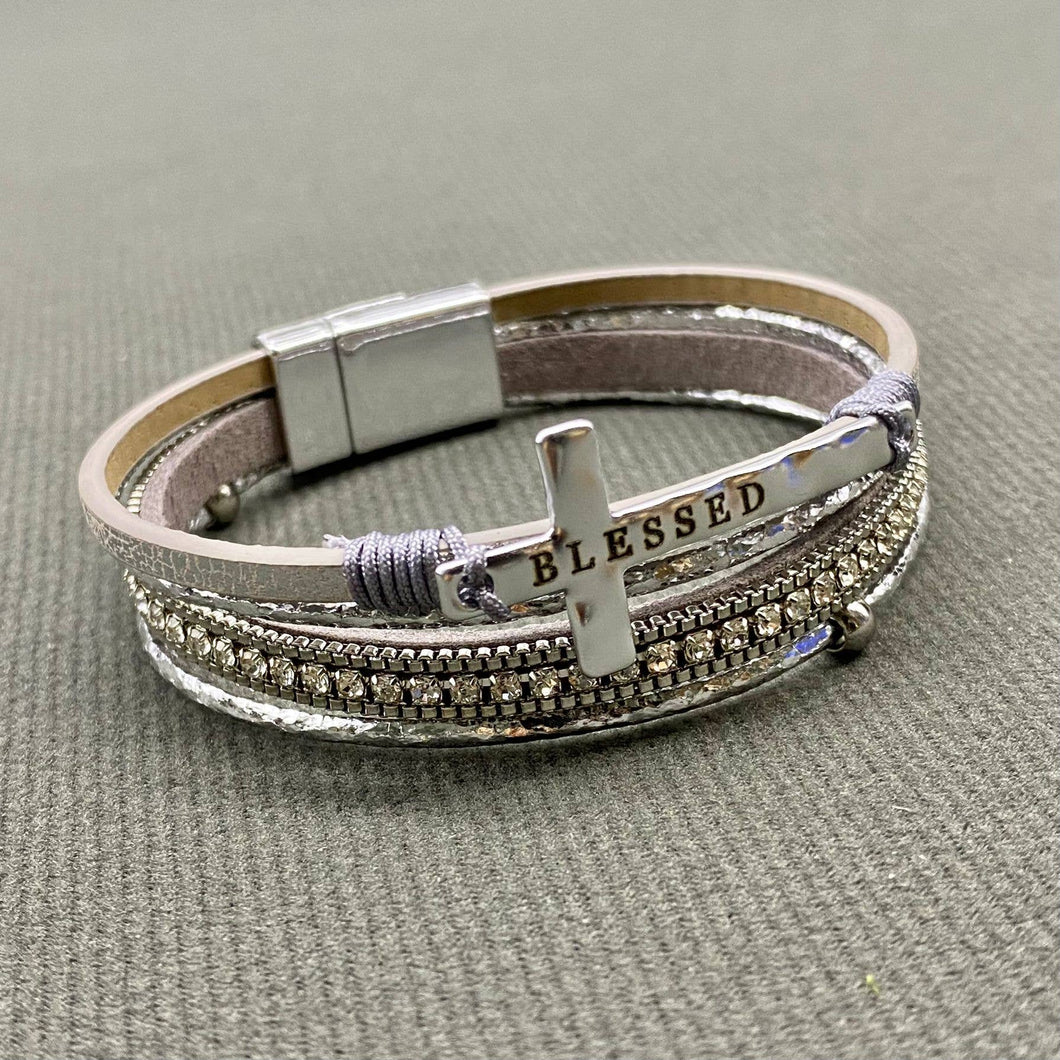 Lilac Blessed Cross Rhinestone Multi-layer Leather Bracelet