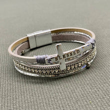 Blue Blessed Cross Rhinestone Multi-layer Leather Bracelet