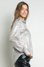 Grey Metallic Foil Knit Button Up Long Sleeve Shirt