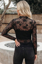 Black Sheer Floral Lace Mesh Mock Neck Long Sleeve Top