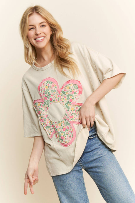 Natural Mineral Washed Floral Flower Patched Tshirt