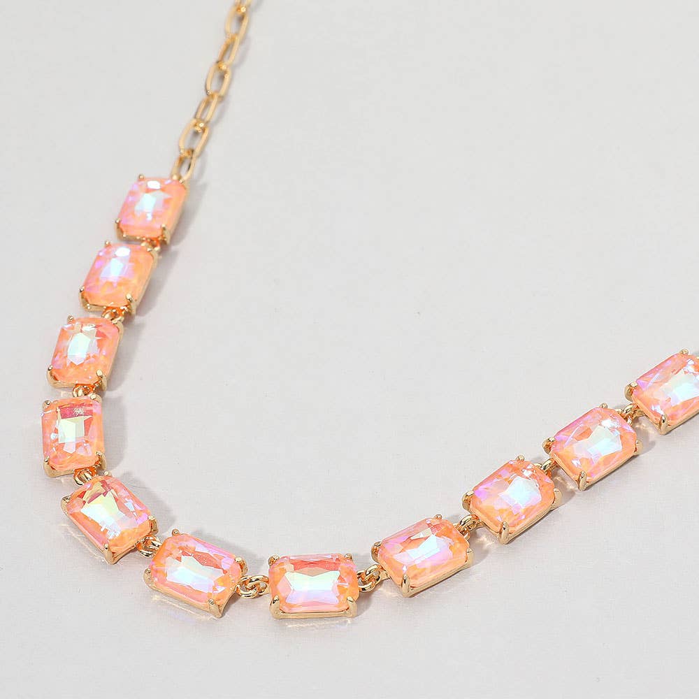 Pink Cushion Rectangular Stone Cluster Link Evening Necklace