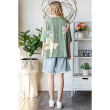 Green Washed Flower Butterfly Patchwork Short Sleeve Oli+Hali Top