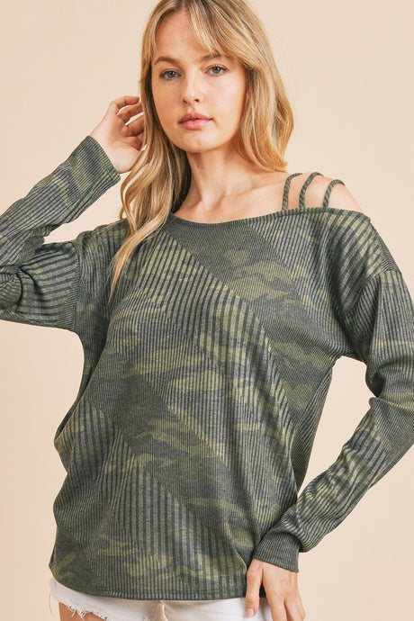 Army Green Camo Ribbed One Shoulder Strappy Long Sleeve Top 2/14/24 8038