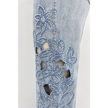 Blue Lace Cutout Rhinestone Denim Pants