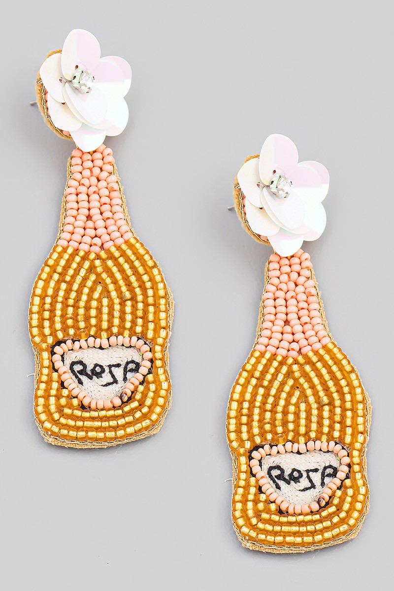 Gold Floral Beaded Rose Champagne Bottle Earrings 11/1/23 7481