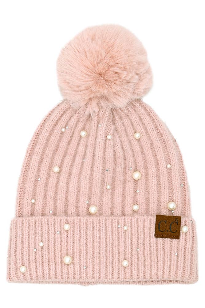 Rose C.C Pearl Embellishments Pom Beanie