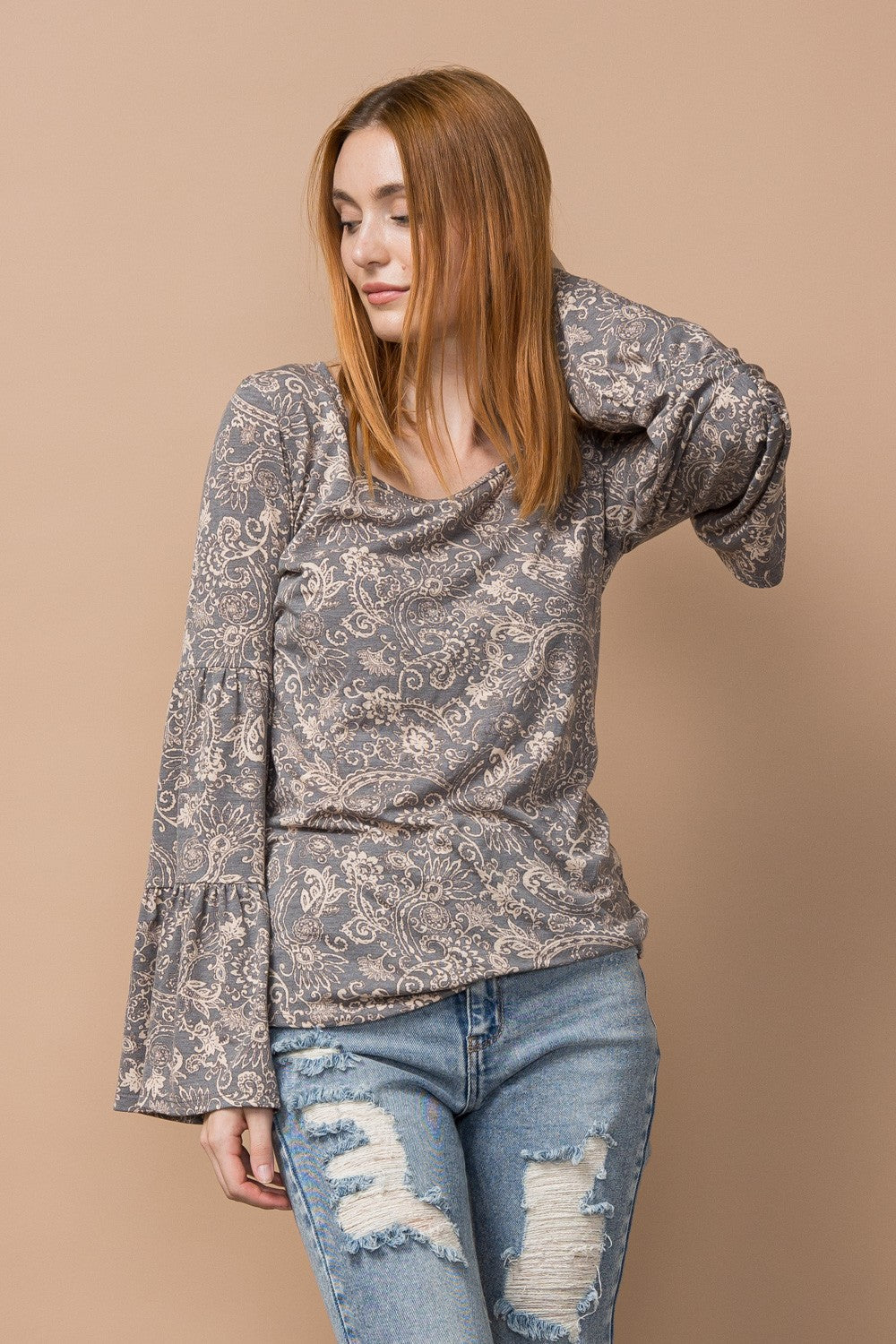 Grey Paisley Tiered Bell Sleeve Top 10/6/23 7164