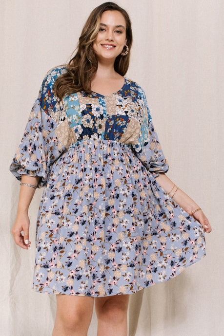 Slate Blue Floral V Neck Oddi Mini Dress 9/28/23 7129